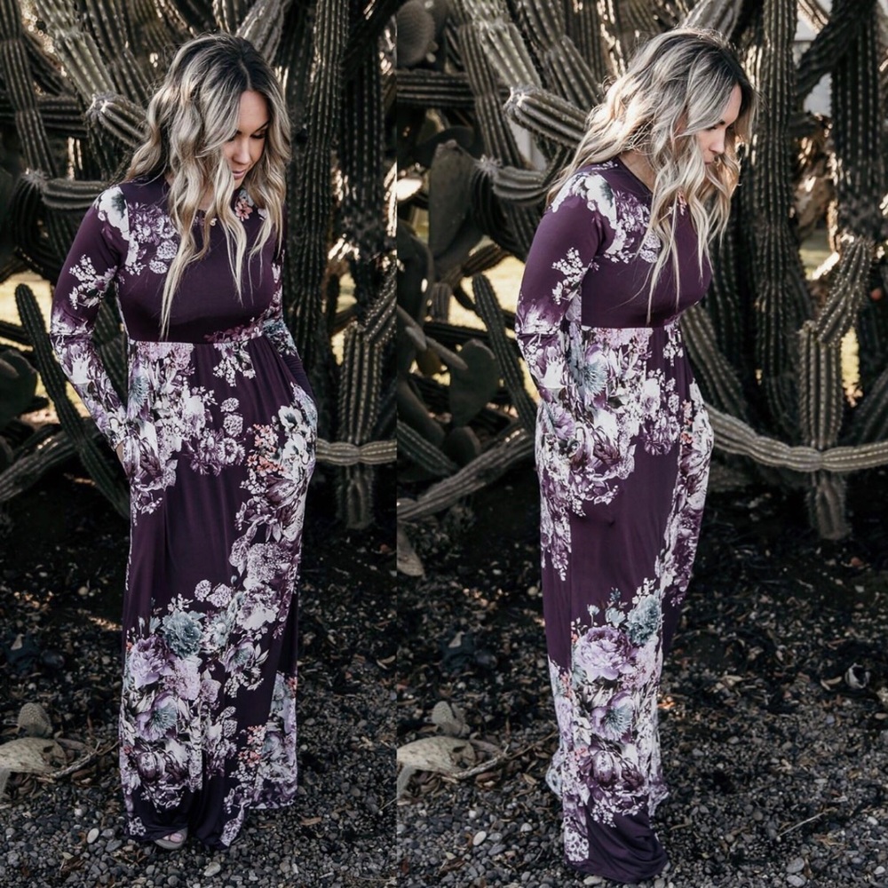 Purple Floral Long sleeve Pockets Maxi Dress